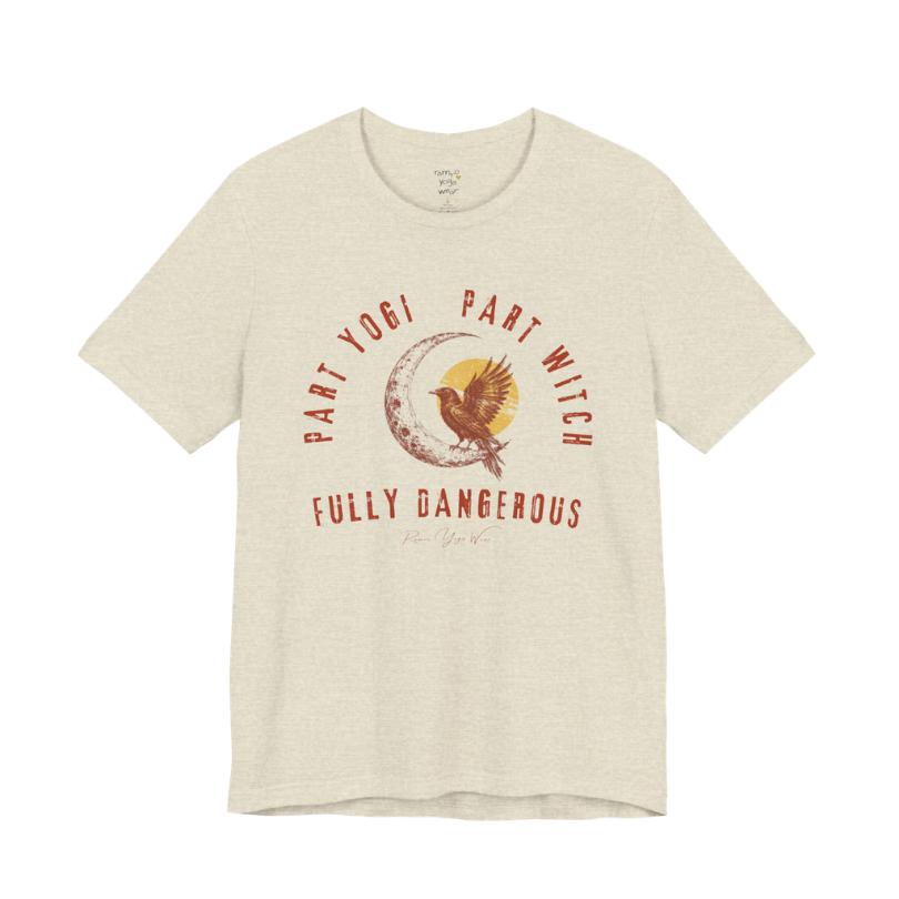 PART YOGI PART WITCH FULLY DANGEROUS raven moon circular arch tee — Funny Yoga Shirts collection by Ramro Yoga Wear — Heather Prism Natural