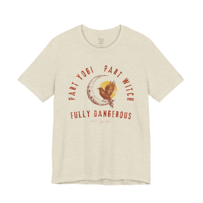 PART YOGI PART WITCH FULLY DANGEROUS raven moon circular arch tee — Funny Yoga Shirts collection by Ramro Yoga Wear — Heather Prism Natural