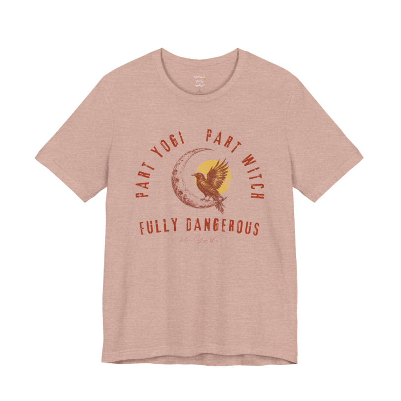 PART YOGI PART WITCH FULLY DANGEROUS raven moon circular arch tee — Funny Yoga Shirts collection by Ramro Yoga Wear — Heather Prism Peach