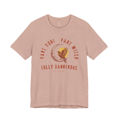 PART YOGI PART WITCH FULLY DANGEROUS raven moon circular arch tee — Funny Yoga Shirts collection by Ramro Yoga Wear — Heather Prism Peach
