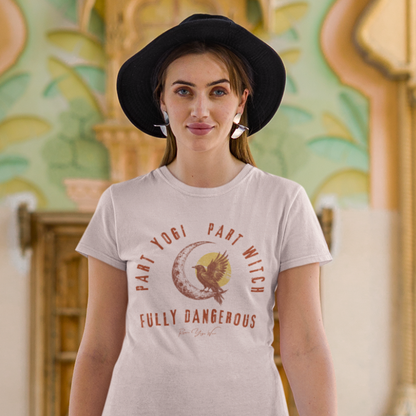 Woman wearing Magic Heather Prism Peach funny yoga shirt — Funny Yoga Shirts collection by Ramro Yoga Wear