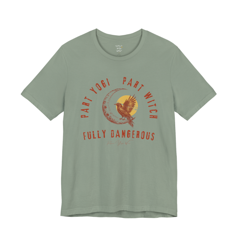 PART YOGI PART WITCH FULLY DANGEROUS raven moon circular arch tee — Funny Yoga Shirts collection by Ramro Yoga Wear — Sage