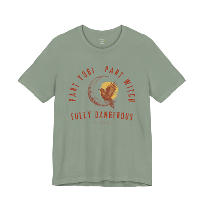 PART YOGI PART WITCH FULLY DANGEROUS raven moon circular arch tee — Funny Yoga Shirts collection by Ramro Yoga Wear — Sage