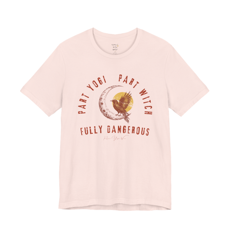 PART YOGI PART WITCH FULLY DANGEROUS raven moon circular arch tee — Funny Yoga Shirts collection by Ramro Yoga Wear — Soft Pink