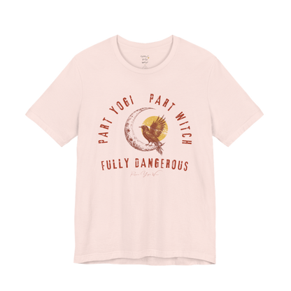 PART YOGI PART WITCH FULLY DANGEROUS raven moon circular arch tee — Funny Yoga Shirts collection by Ramro Yoga Wear — Soft Pink