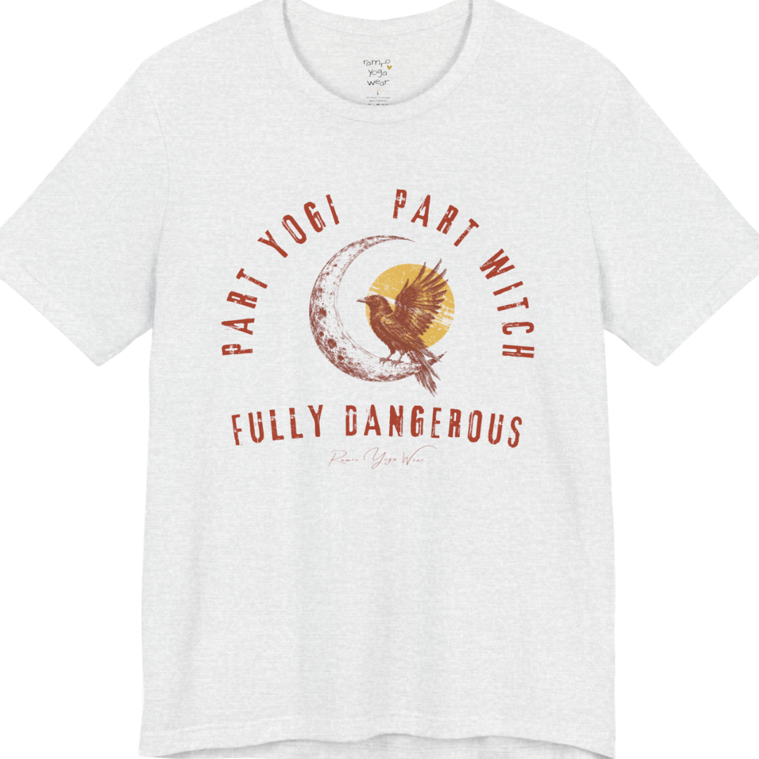 PART YOGI PART WITCH FULLY DANGEROUS raven moon circular arch tee — Funny Yoga Shirts collection by Ramro Yoga Wear — Ash