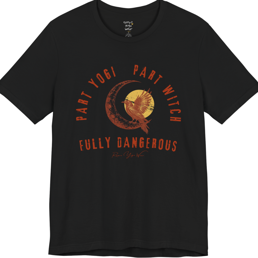 PART YOGI PART WITCH FULLY DANGEROUS raven moon circular arch tee — Funny Yoga Shirts collection by Ramro Yoga Wear — Black