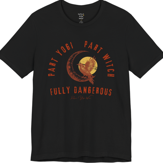 PART YOGI PART WITCH FULLY DANGEROUS raven moon circular arch tee — Funny Yoga Shirts collection by Ramro Yoga Wear — Black