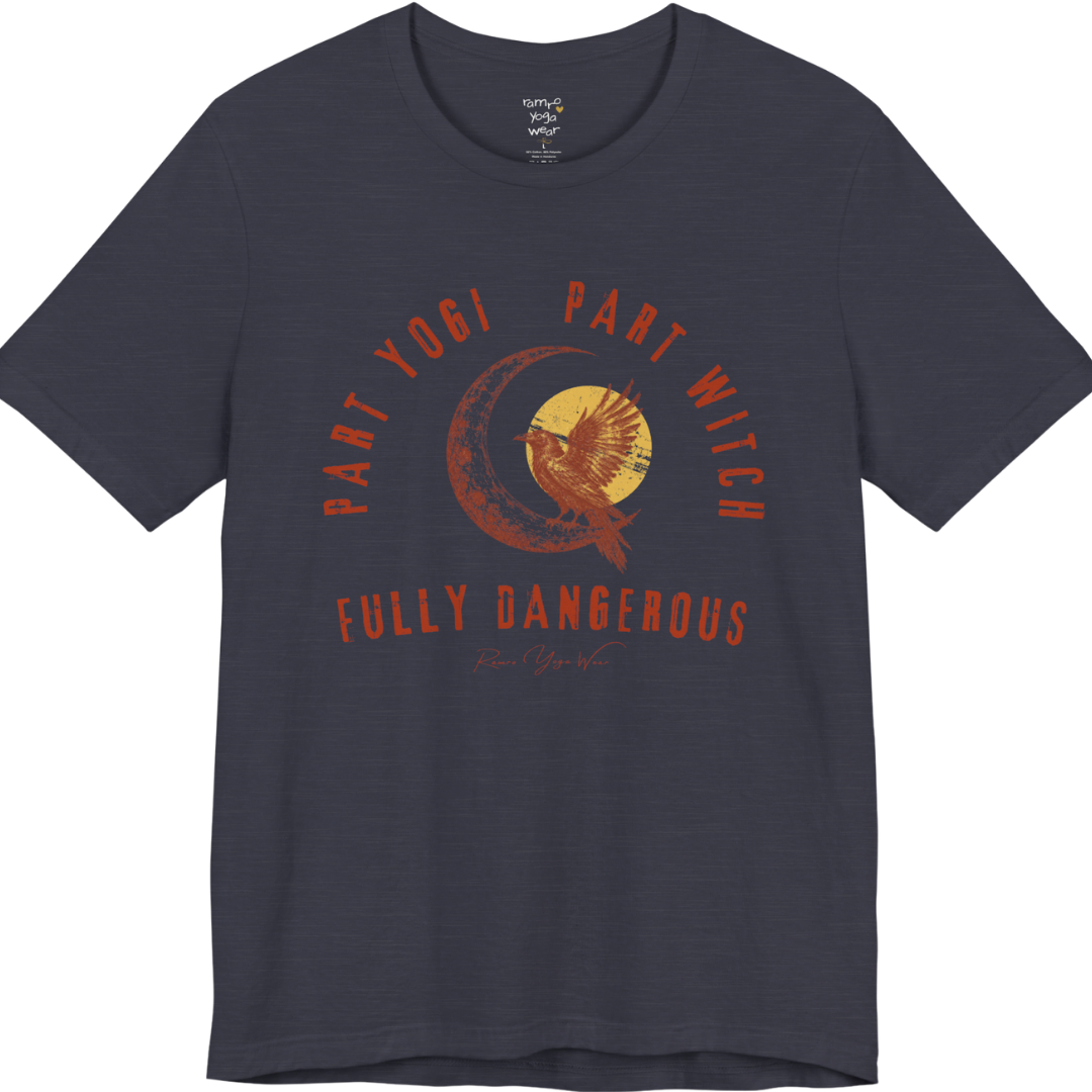PART YOGI PART WITCH FULLY DANGEROUS raven moon circular arch tee — Funny Yoga Shirts collection by Ramro Yoga Wear — Heather Midnight Navy