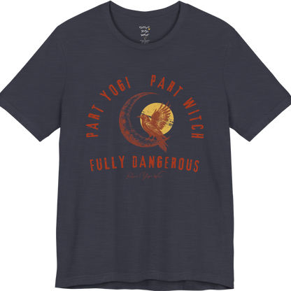 PART YOGI PART WITCH FULLY DANGEROUS raven moon circular arch tee — Funny Yoga Shirts collection by Ramro Yoga Wear — Heather Midnight Navy