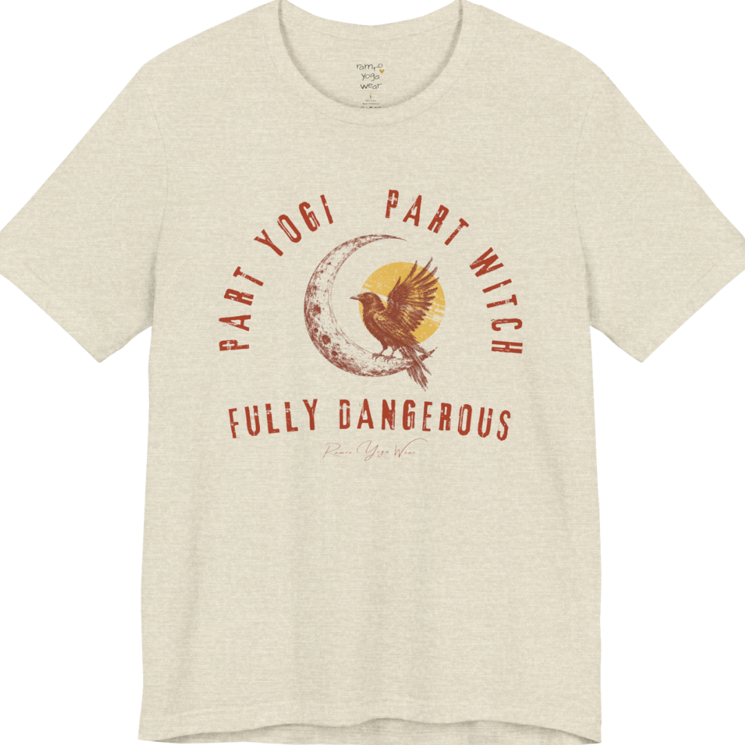 PART YOGI PART WITCH FULLY DANGEROUS raven moon circular arch tee — Funny Yoga Shirts collection by Ramro Yoga Wear — Heather Prism Natural