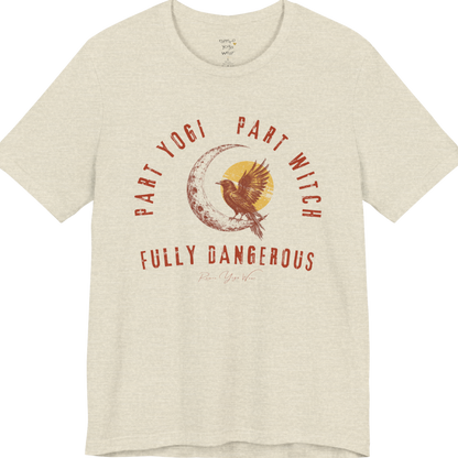 PART YOGI PART WITCH FULLY DANGEROUS raven moon circular arch tee — Funny Yoga Shirts collection by Ramro Yoga Wear — Heather Prism Natural