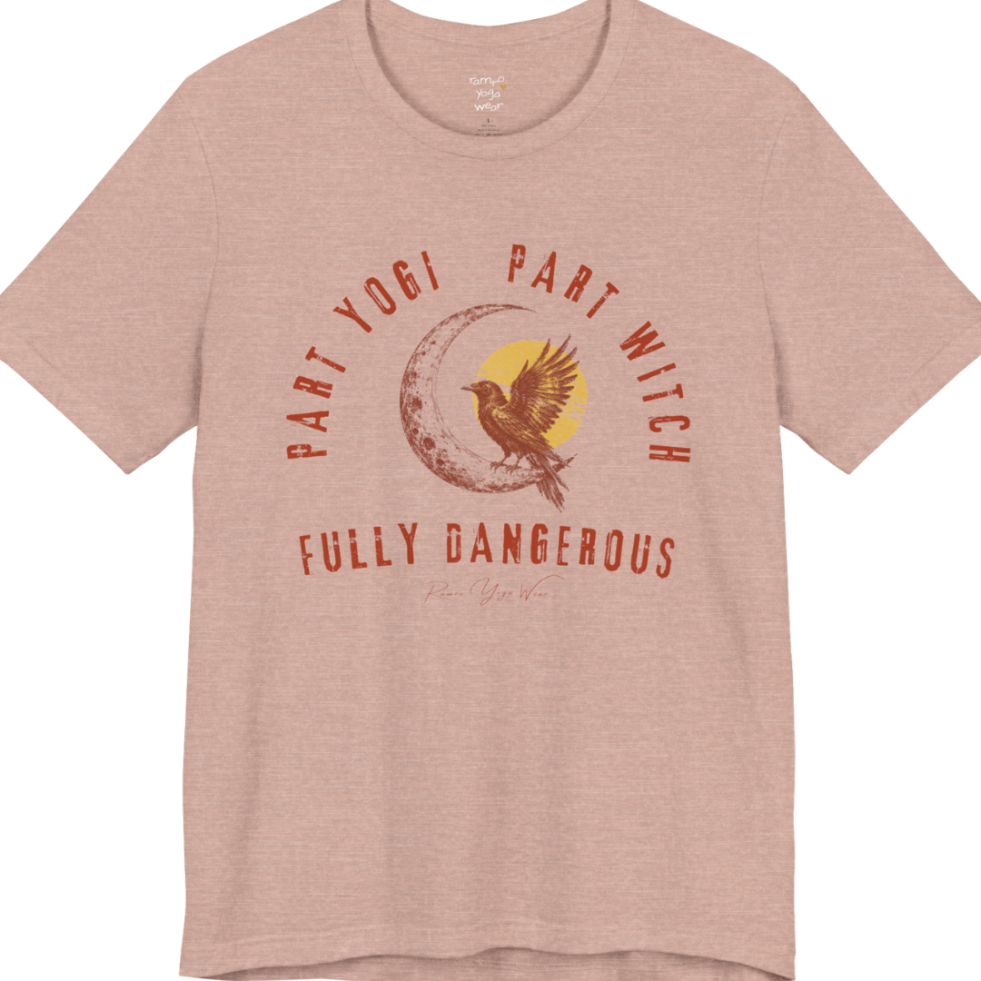 PART YOGI PART WITCH FULLY DANGEROUS raven moon circular arch tee — Funny Yoga Shirts collection by Ramro Yoga Wear — Heather Prism Peach