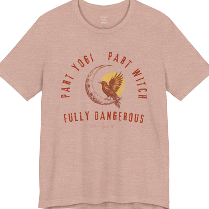PART YOGI PART WITCH FULLY DANGEROUS raven moon circular arch tee — Funny Yoga Shirts collection by Ramro Yoga Wear — Heather Prism Peach