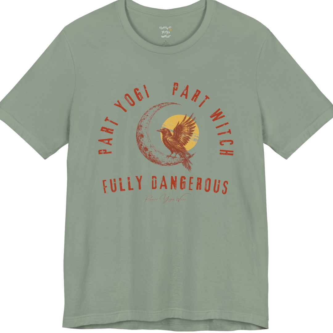 PART YOGI PART WITCH FULLY DANGEROUS raven moon circular arch tee — Funny Yoga Shirts collection by Ramro Yoga Wear — Sage