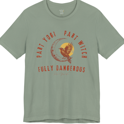 PART YOGI PART WITCH FULLY DANGEROUS raven moon circular arch tee — Funny Yoga Shirts collection by Ramro Yoga Wear — Sage