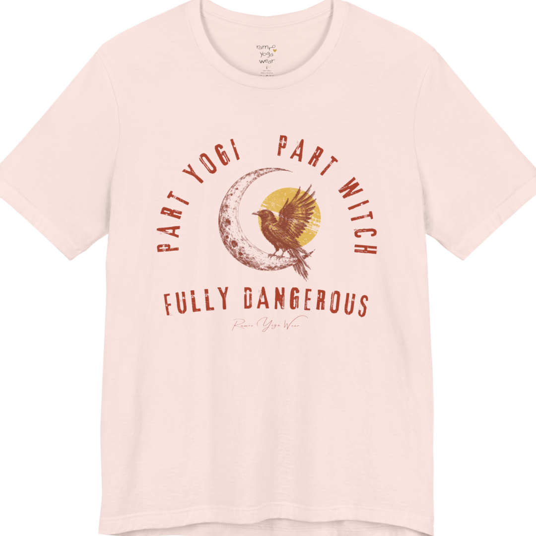 PART YOGI PART WITCH FULLY DANGEROUS raven moon circular arch tee — Funny Yoga Shirts collection by Ramro Yoga Wear — Soft Pink