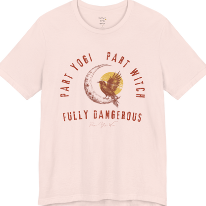 PART YOGI PART WITCH FULLY DANGEROUS raven moon circular arch tee — Funny Yoga Shirts collection by Ramro Yoga Wear — Soft Pink
