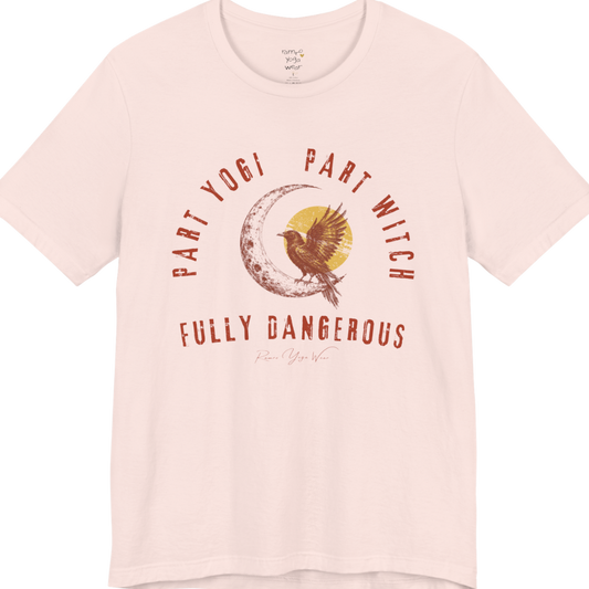 PART YOGI PART WITCH FULLY DANGEROUS raven moon circular arch tee — Funny Yoga Shirts collection by Ramro Yoga Wear — Soft Pink