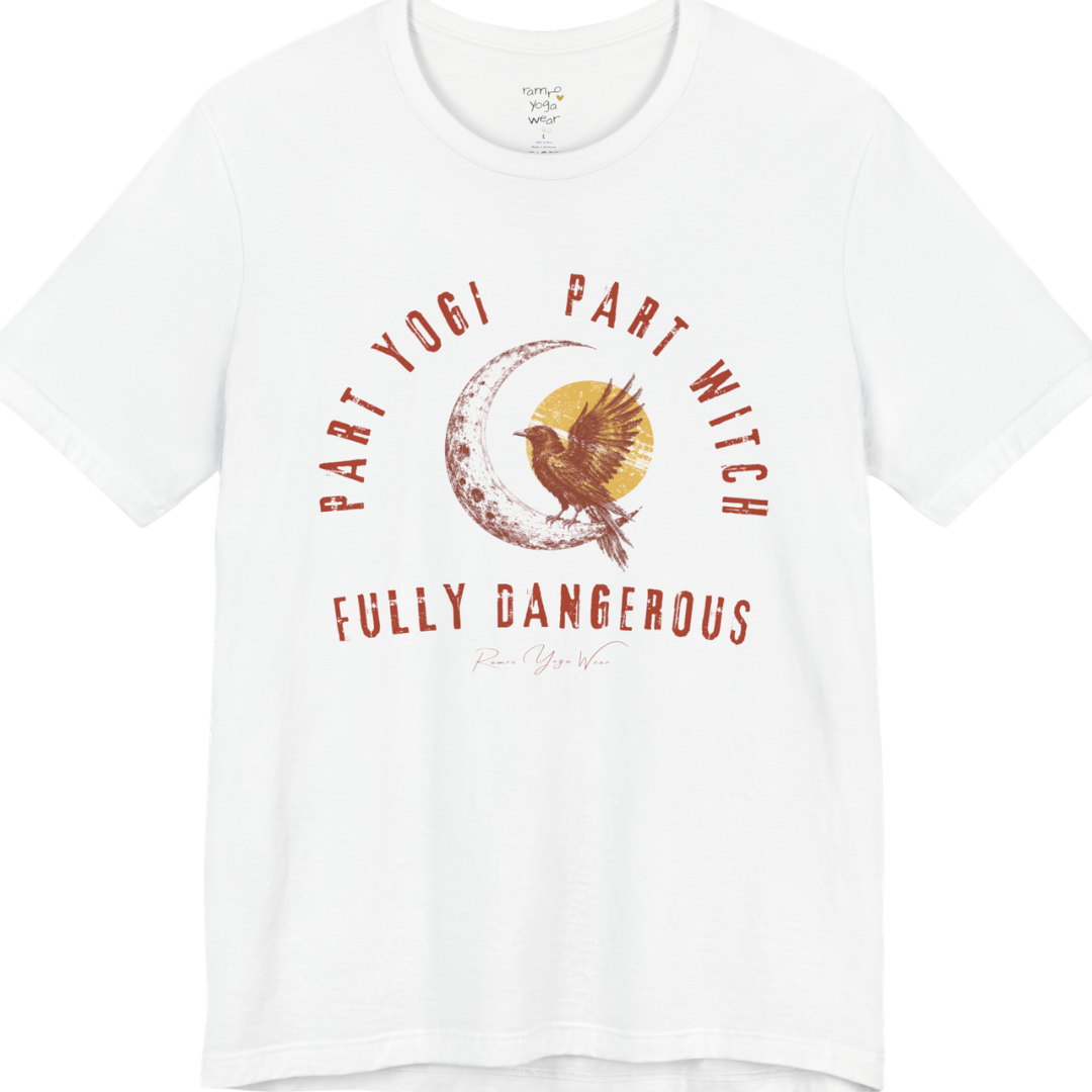PART YOGI PART WITCH FULLY DANGEROUS raven moon circular arch tee — Funny Yoga Shirts collection by Ramro Yoga Wear — White