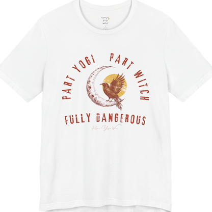 PART YOGI PART WITCH FULLY DANGEROUS raven moon circular arch tee — Funny Yoga Shirts collection by Ramro Yoga Wear — White