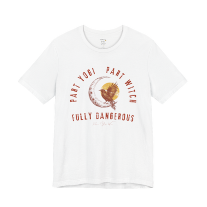 PART YOGI PART WITCH FULLY DANGEROUS raven moon circular arch tee — Funny Yoga Shirts collection by Ramro Yoga Wear — White