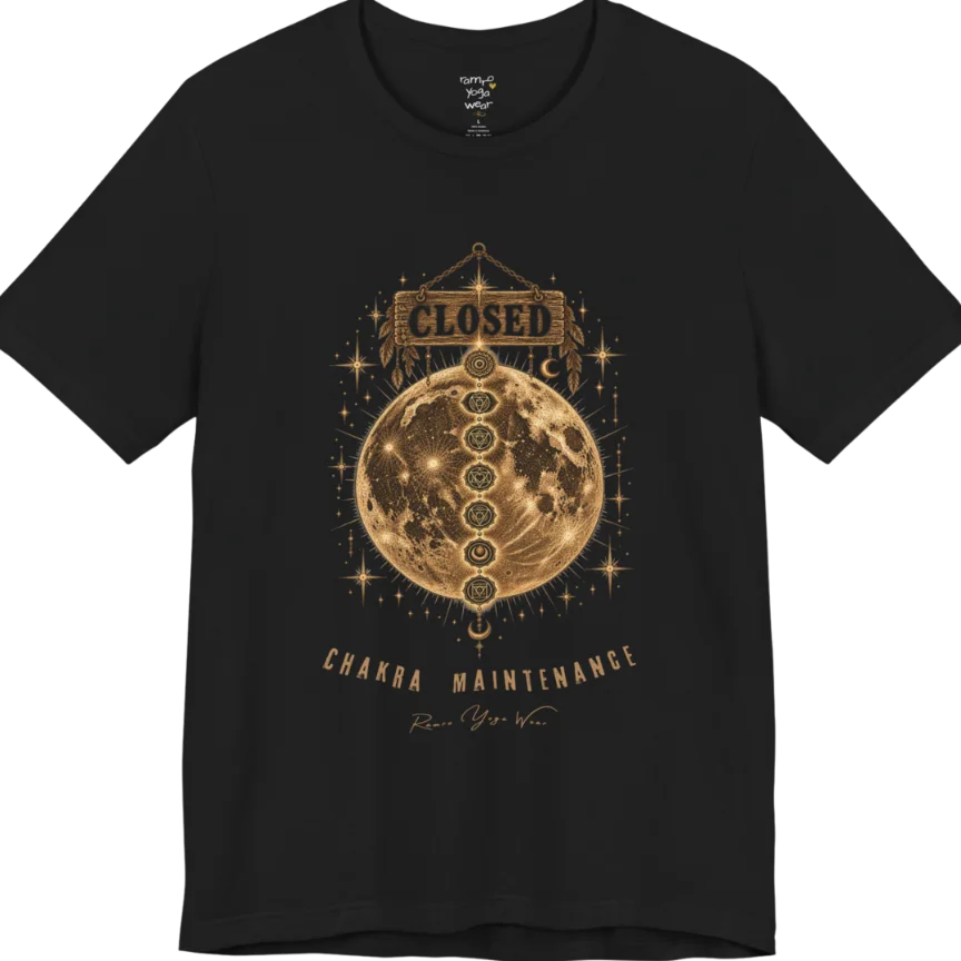A grunge tee with a "Closed" sign hanging above a full moon, seven chakra symbols stacked down its surface, text reading "Chakra Maintenance" — Funny Yoga Shirts collection by Ramro Yoga Wear in Black.