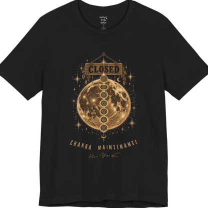 A grunge tee with a "Closed" sign hanging above a full moon, seven chakra symbols stacked down its surface, text reading "Chakra Maintenance" — Funny Yoga Shirts collection by Ramro Yoga Wear in Black.
