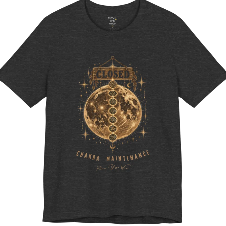 A grunge tee with a "Closed" sign hanging above a full moon, seven chakra symbols stacked down its surface, text reading "Chakra Maintenance" — Funny Yoga Shirts collection by Ramro Yoga Wear in Dark Grey Heather.