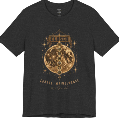 A grunge tee with a "Closed" sign hanging above a full moon, seven chakra symbols stacked down its surface, text reading "Chakra Maintenance" — Funny Yoga Shirts collection by Ramro Yoga Wear in Dark Grey Heather.