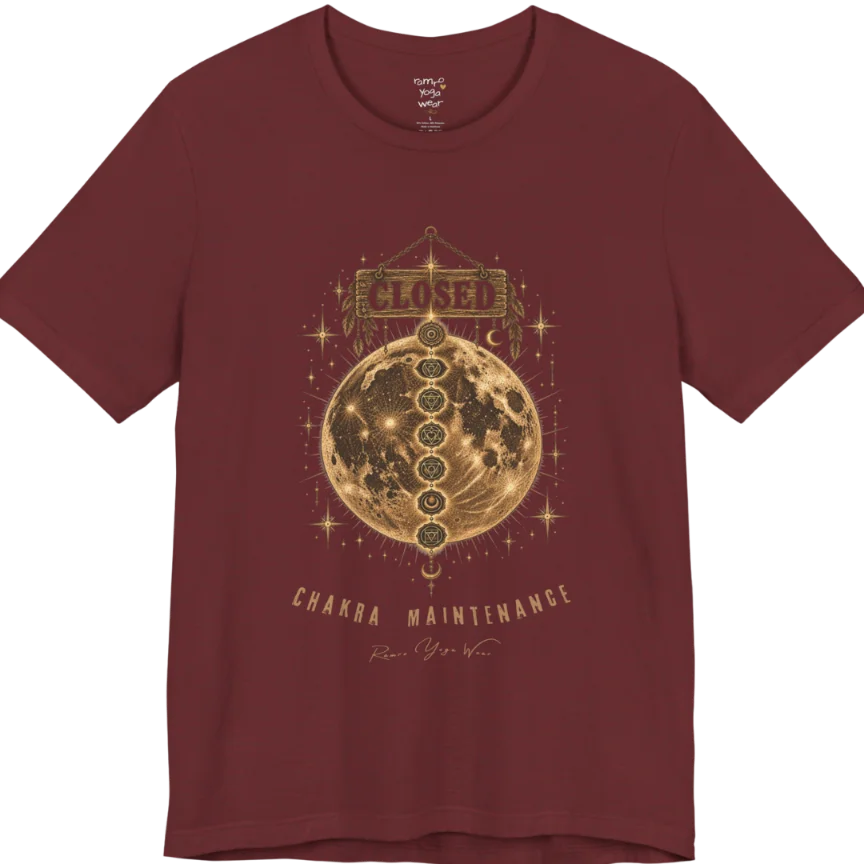 A grunge tee with a "Closed" sign hanging above a full moon, seven chakra symbols stacked down its surface, text reading "Chakra Maintenance" — Funny Yoga Shirts collection by Ramro Yoga Wear in Heather Cardinal