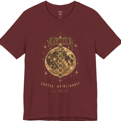A grunge tee with a "Closed" sign hanging above a full moon, seven chakra symbols stacked down its surface, text reading "Chakra Maintenance" — Funny Yoga Shirts collection by Ramro Yoga Wear in Heather Cardinal