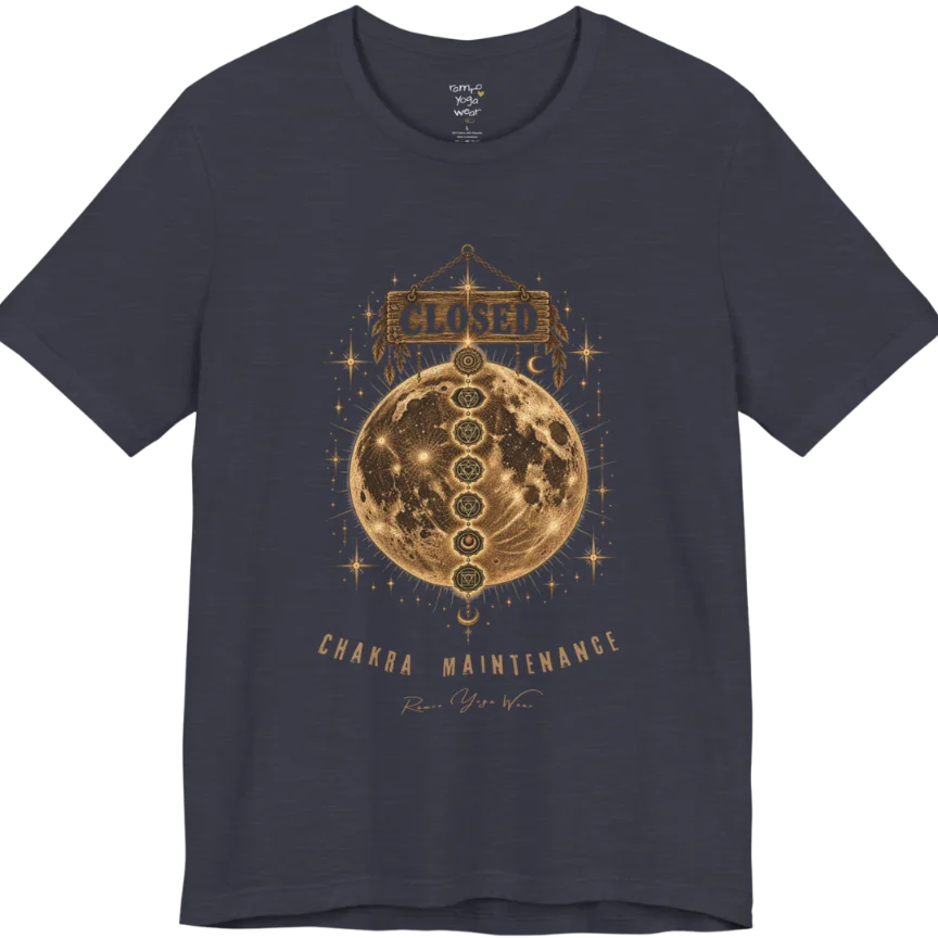A grunge tee with a "Closed" sign hanging above a full moon, seven chakra symbols stacked down its surface, text reading "Chakra Maintenance" — Funny Yoga Shirts collection by Ramro Yoga Wear in Heather Midnight Navy.
