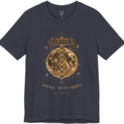 A grunge tee with a "Closed" sign hanging above a full moon, seven chakra symbols stacked down its surface, text reading "Chakra Maintenance" — Funny Yoga Shirts collection by Ramro Yoga Wear in Heather Midnight Navy.