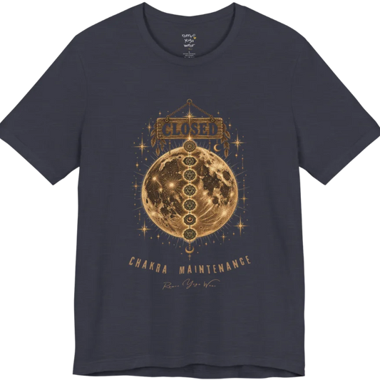 A grunge tee with a "Closed" sign hanging above a full moon, seven chakra symbols stacked down its surface, text reading "Chakra Maintenance" — Funny Yoga Shirts collection by Ramro Yoga Wear in Heather Midnight Navy.