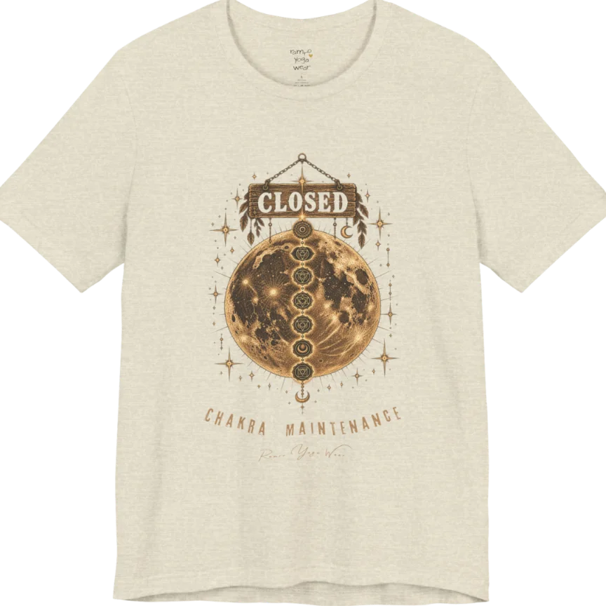 A grunge tee with a "Closed" sign hanging above a full moon, seven chakra symbols stacked down its surface, text reading "Chakra Maintenance" — Funny Yoga Shirts collection by Ramro Yoga Wear in Heather Prism Natural.