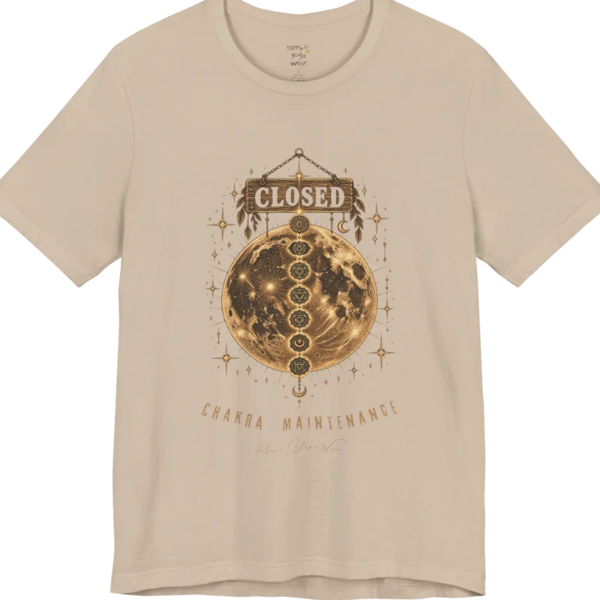 A grunge tee with a "Closed" sign hanging above a full moon, seven chakra symbols stacked down its surface, text reading "Chakra Maintenance" — Funny Yoga Shirts collection by Ramro Yoga Wear in Tan.