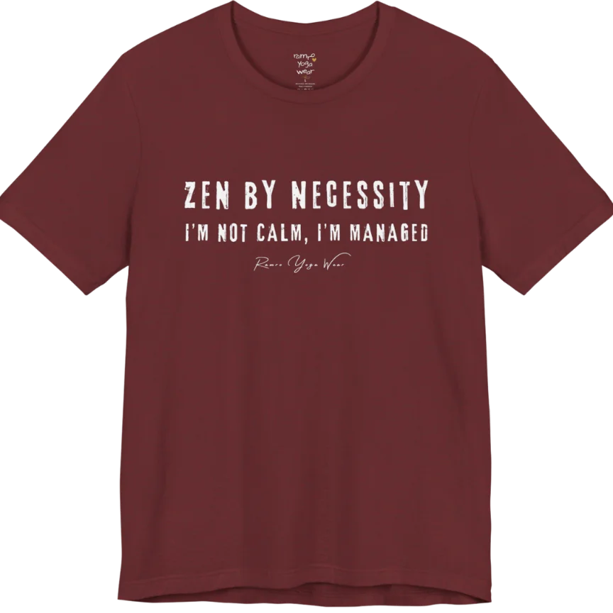 Short sleeved tee, bold grunge typography reading "I'm not calm. I'm managed." — Funny Yoga Shirts collection by Ramro Yoga Wear in Heather Cardinal