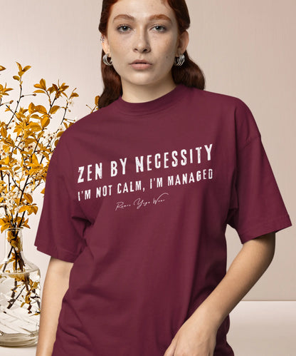 Short sleeved tee, bold grunge typography reading "I'm not calm. I'm managed." — Funny Yoga Shirts collection by Ramro Yoga Wear in Heather Cardinal