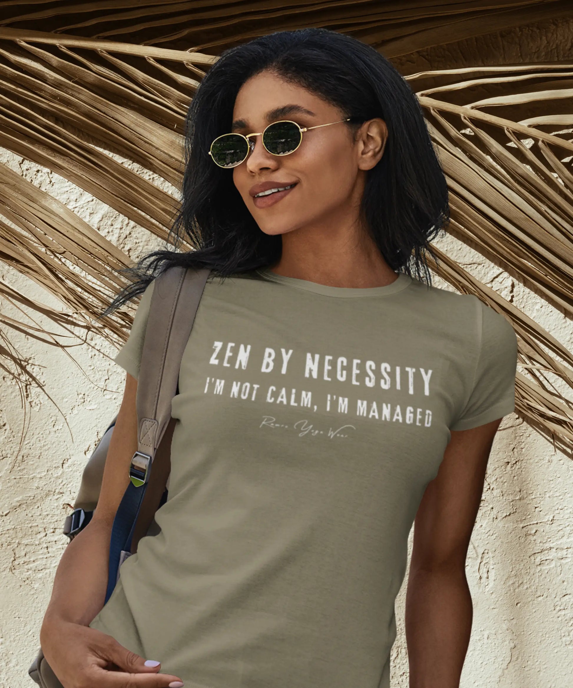 Short sleeved tee, bold grunge typography reading "I'm not calm. I'm managed." — Funny Yoga Shirts collection by Ramro Yoga Wear in Heather Olive