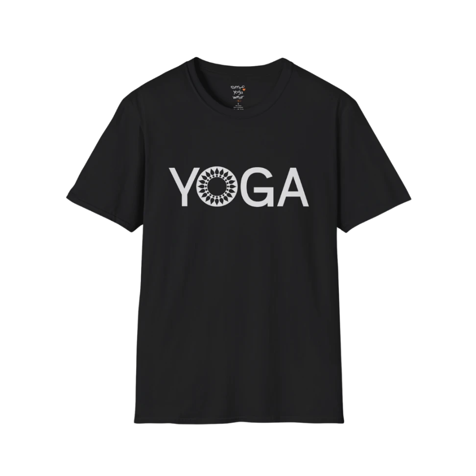 Mandala Yoga T-Shirt black with minimalist yoga text and subtle mandala detail. Calm, balanced yoga tee for everyday mindful wear.