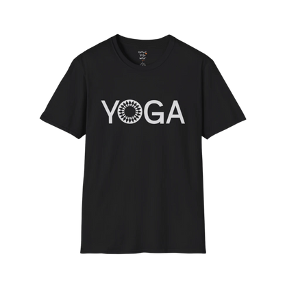 Mandala Yoga T-Shirt black with minimalist yoga text and subtle mandala detail. Calm, balanced yoga tee for everyday mindful wear.