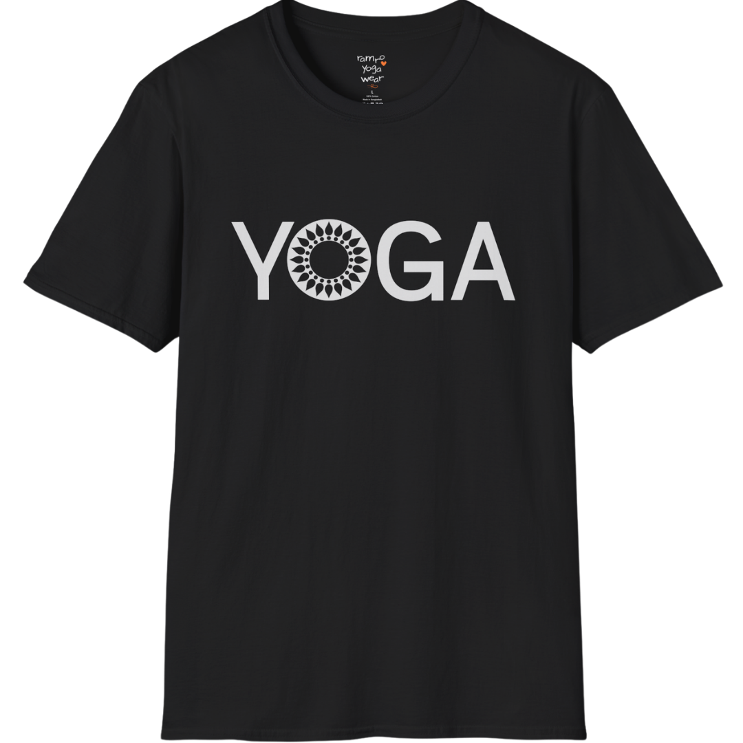 Minimalist YOGA text design with subtle mandala detail — The Vault collection by Ramro Yoga Wear — Black
