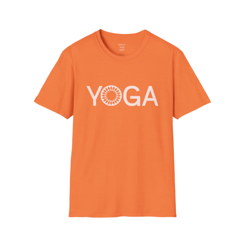 Mandala Yoga T-Shirt heather orange with minimalist yoga text and mandala design. Bright, uplifting yoga tee for mindful movement.
