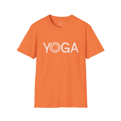 Mandala Yoga T-Shirt heather orange with minimalist yoga text and mandala design. Bright, uplifting yoga tee for mindful movement.