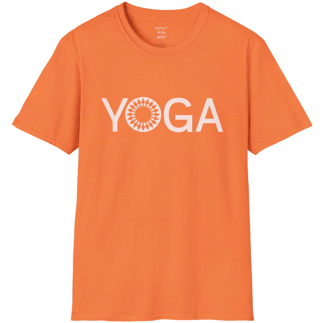 Minimalist YOGA text design with subtle mandala detail — The Vault collection by Ramro Yoga Wear — Heather Orange