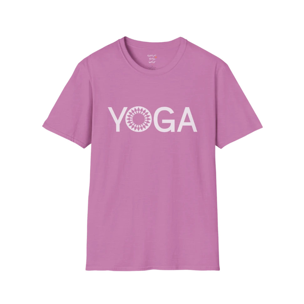 Mandala Yoga T-Shirt heather radiant orchid with clean yoga text and mandala detail. Soft, expressive yoga tee with a soulful feel.