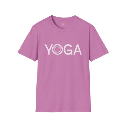 Mandala Yoga T-Shirt heather radiant orchid with clean yoga text and mandala detail. Soft, expressive yoga tee with a soulful feel.