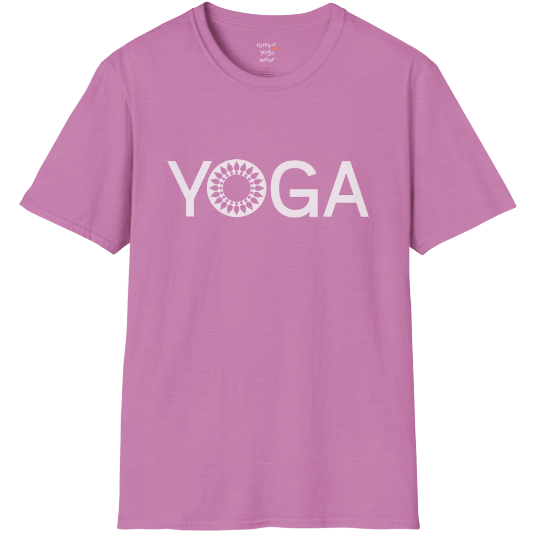 Minimalist YOGA text design with subtle mandala detail — The Vault collection by Ramro Yoga Wear — Heather Radiant Orchid