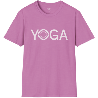 Minimalist YOGA text design with subtle mandala detail — The Vault collection by Ramro Yoga Wear — Heather Radiant Orchid